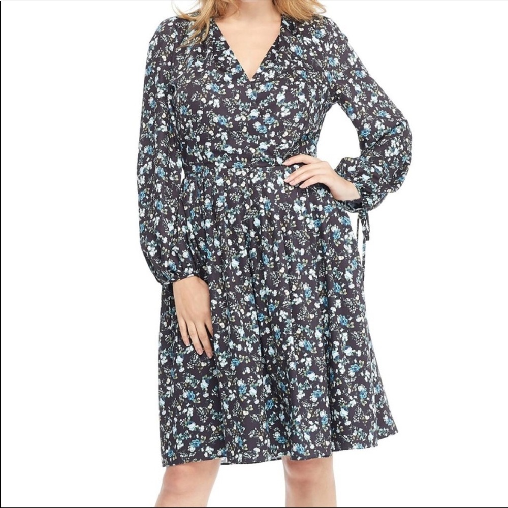 Gal Meets Glam Hope Satinique Tie Cuff Dress Floral Faux Wrap Long Sleeve